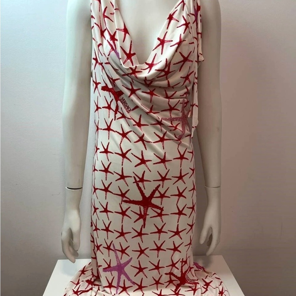 Versace Red and White Cowl Neck Sheath Midi Dress - Picture 5 of 16